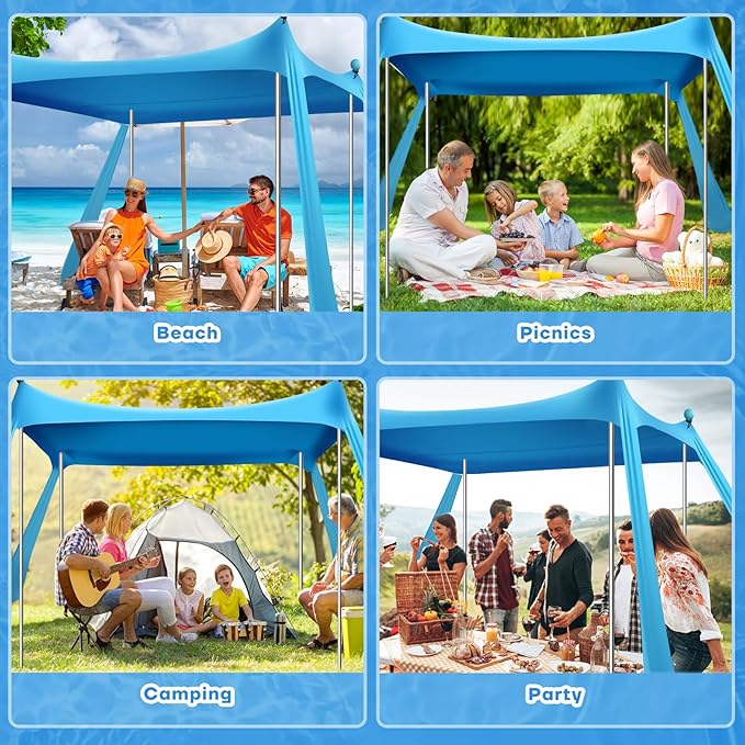 Beach Tent Canopy UPF50+ Protection 10x10FT Beach Shade Sun Shelter Pop Up with 4 Stability Poles Sandbags Sand Shovels Ground Pegs Carrying Bag for Outdoor Family Camping Fishing Picnics