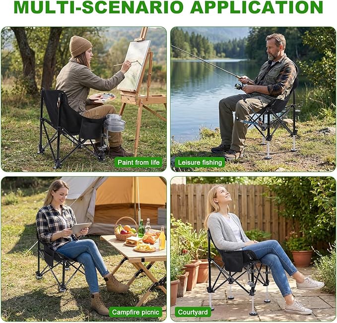 Folding Fishing Chair with Complete Accessories Portable Camping Chair for Outdoor Fishing 220LBS Load-Bearing Non-Slip All-Terrain Design with Storage Bags Carbon Steel Fishing Chair