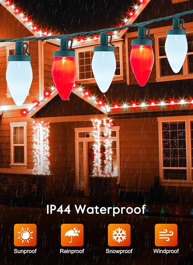 Moonflor C9 LED Christmas Lights Outdoor 100ft Feet 100 LED Strawberry String Lights with 50 Spring Clamps Waterproof Commercial Grade Extendable for Indoor OutdoorRed and Pure White