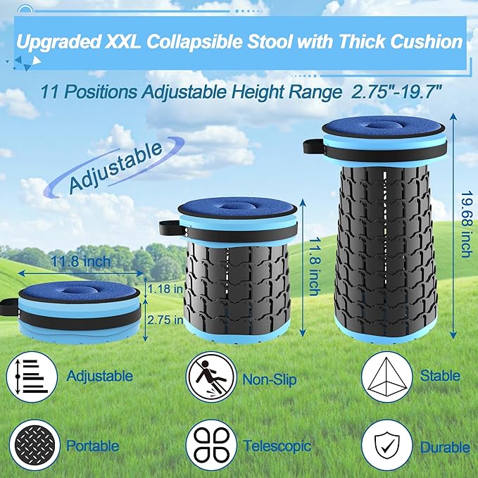 ALEVMOOM Upgraded XXL 19.7 Collapsible Stool with Cushion Heavy Duty Portable Folding Stool Max Load 1000 lbs Retractable Telescoping Foldable Seat Chair for Camping Fishing Travel