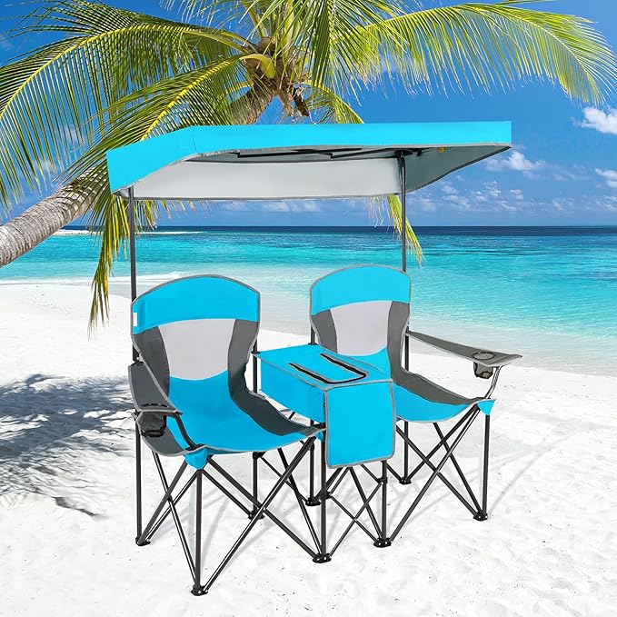 GYMAX Double Camping Chair Beach Chair with Canopy Shade Adjustable UV Protection Cooler Cup Holder &amp Carry Bag Folding Portable Lawn Soccer Camp Chair with Umbrella for Adults (Blue 2 Perso