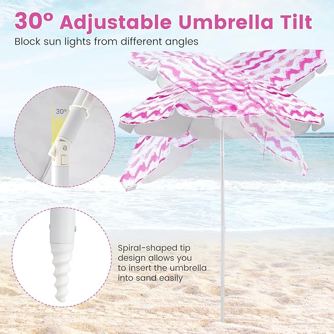 GYMAX Beach Chair with Umbrella Set of 4 Including 2 Folding Chairs Blanket Adjustable Parasol &amp Carry Bag Camping Chairs with Sunshade for Beach Patio Poolside Deck Lawn Picnic