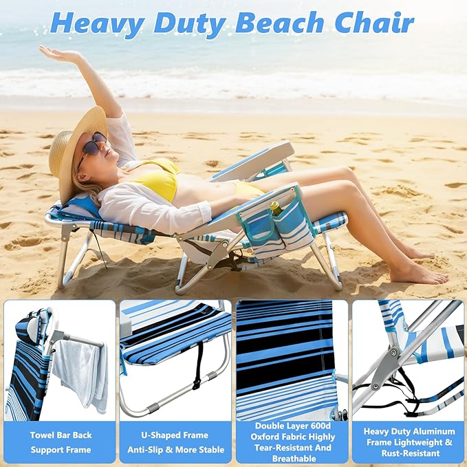 2 Pack Backpack Beach Chairs for Adults Folding Lightweight Beach Chair with Cup Holder and Padded Headrest 5 Positions Aluminum Reclining Heavy Duty Chair for Outdoor Camping PatioSupport 300LBS