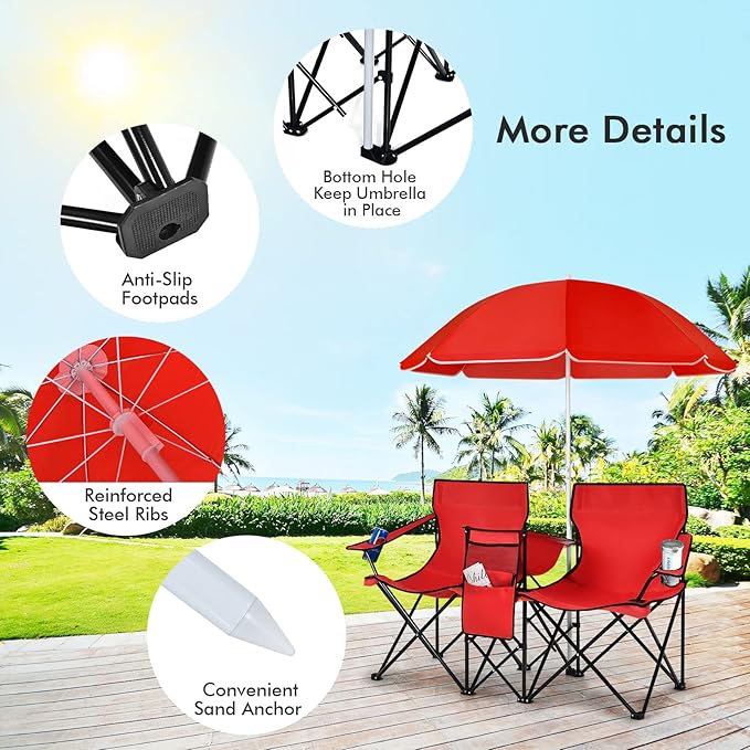 Giantex Double Camping Chair with Umbrella - Folding Picnic Loveseat with Carrying Bag Cooler Bag Table Side Pocket &amp Cupholder Portable Beach Chair for Camping Picnic Fishing Beach