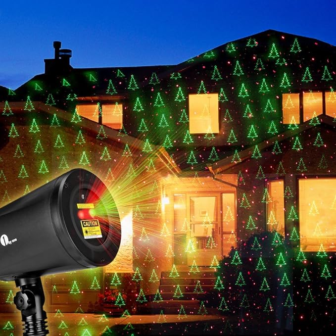 1 BY ONE OUS00-0817 Laser Green Christmas Tree and Red Stars Show Projection Lights for Xmas Holiday Party and Garden Decoration