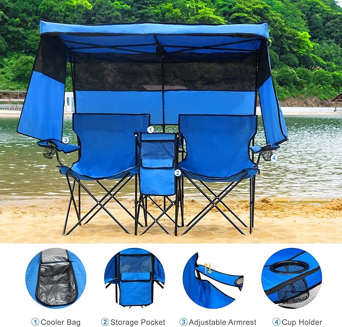 Double Beach Chair with Canopy Shade Heavy Duty Camping Chairs with Cup Holder Folding Loveseat for Outside Lawn