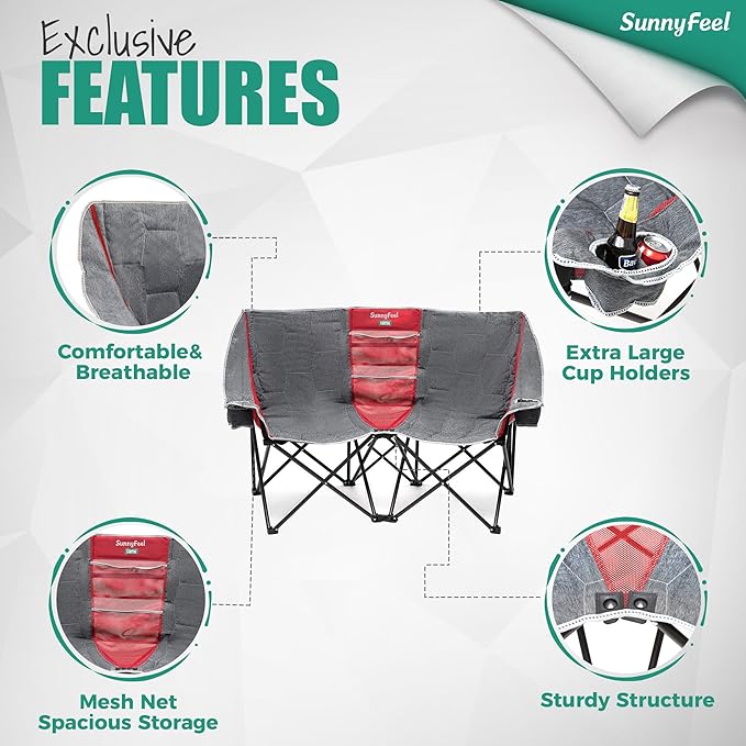 SUNNYFEEL Folding Double Camping Chair Oversized Loveseat Chair Heavy Duty Portable/Foldable Lawn Chair with Storage for Outside/Outdoor/Travel/Picnic Fold Up Camp Chairs for Adults 2 People