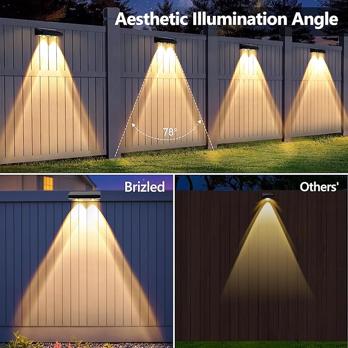 Brizled Solar Fence Lights Outdoor 12 Pack 6 Modes 2700/4500/6500K 250ml Fence Solar Lights IP65 Waterproof Outdoor Wall Light Landscape Lighting for Backyard Garden Patio Deck Railing Wall Poolside