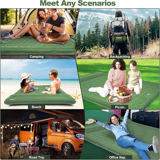 CAMULAND Double Camping Sleeping Pad 4.7 Ultra-Thick Self Inflating 2 Person Inflatable Mat with Built-in Pillow Foot Pump Waterproof for Backpacking Hiking Tent RV TravelOlive Green
