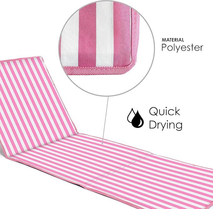 just be... Beach Sun Mat Folding Lightweight Portable Adjustable Sunbathing Recliner with Backrest Support and Valuables Pocket for Holidays Garden Camping Park Festivals - Pink Stripes
