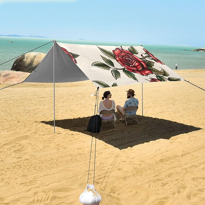 Rose Tattoo Pattern Beach Tent Sun Shelter 9.2' x 10.5' Beach Canopy with 4 Sandbags 4 Stability Poles Sand Shovels - Tent Canopy for Beach Camping Fishing Picnics