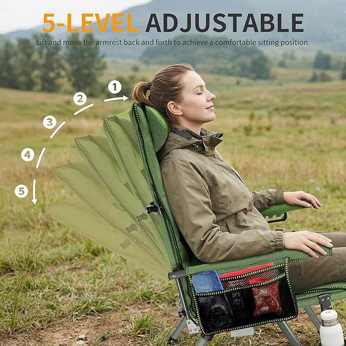 Folding Camping Chair with Cup Holder and Storage Bag Heavy Duty Support 400 LBS Oversized Collapsible Portable Adjustable Back Support Camping Chair for Outdoor (Adjustable-Green)