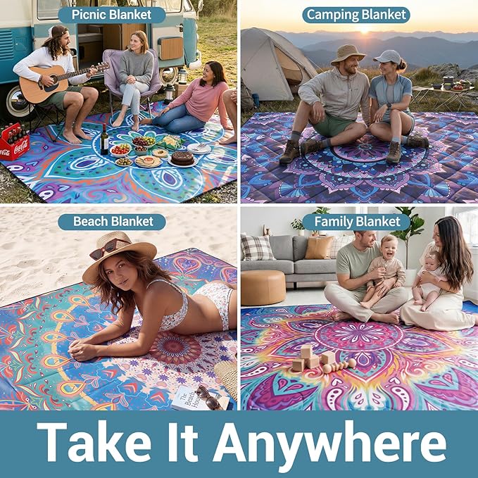 60x80 Waterproof Picnic Blankets Outdoor Sandproof Beach Blanket Foldable Big Ground Grass Mat Family Tent Camping Rug Backpacking Hiking Essentials Gifts Rv Car Travel Roadtrip Must Have