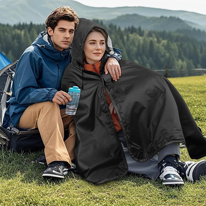 Fleece Waterproof Outdoor Blanket - Windproof Stadium Blanket for Camping Picnics and Sports Stay Dry and Comfortable 80x 58(Hoodeed Black)