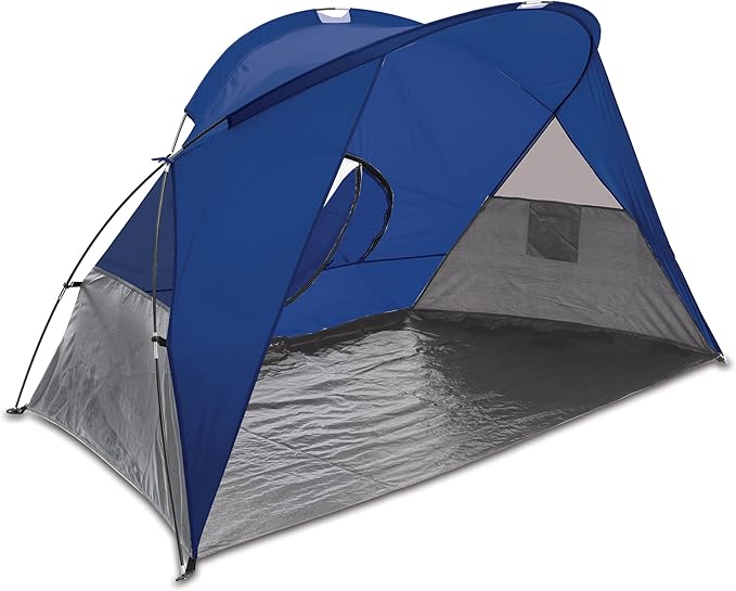 PICNIC TIME Cove Portable Beach Tent Fully-Assembled Pop Up Tent Beach Shade and Sun Shelter Instant Outdoor Shade with Carrying Bag and UPF50+ UV Protection (Blue with Gray Accents)