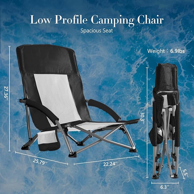 DUMOS Low Beach Chair for Adults Lightweight Folding Beach Chair with Cup Holder Storage Bag Breeze Mesh Back Padded Armrests Compact Low Profile Chair for Camp Picnic Lawn Sand