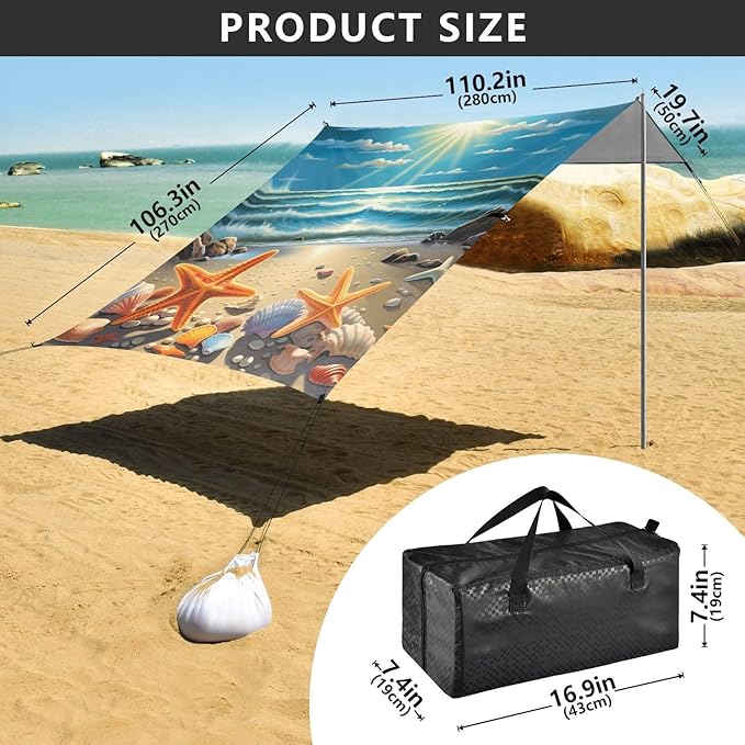 Summer Beach Seashell StarfishCamping Sun Shelters 9.2 x 10.5 FT Beach Canopy Tent Sun Shade with Carrying Bag for Camping Trips Fishing Backyard Fun or Picnics 21340948