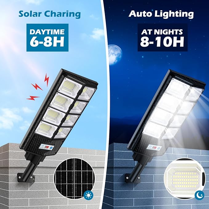VUAA 4 Pack Solar Street Lights Outdoor Waterproof 10000LM 448 LEDs LED Parking Lot Lights Dusk to Dawn Solar Flood Light with Motion Sensor and Remote Control for Area Lighting Yard 6500K