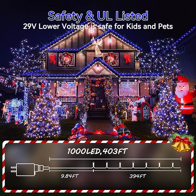 Hezbjiti Christmas String Lights Outdoor 1000 LED 394ft 8 Lighting Modes Christmas Fairy Lights with Remote and Timer for Home Birthday Wedding Party Tree Decorations (1000 LED Blue)