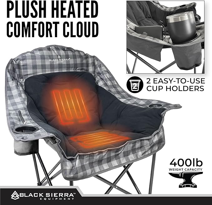 Black Sierra Heated Fleece Camping Chair for Adults Oversized Outdoor Seat with Plush Padding Supports 400lbs Cup Holders and Carry Bag Heavy Duty Folding Chair for Tailgating or Patio (Black)