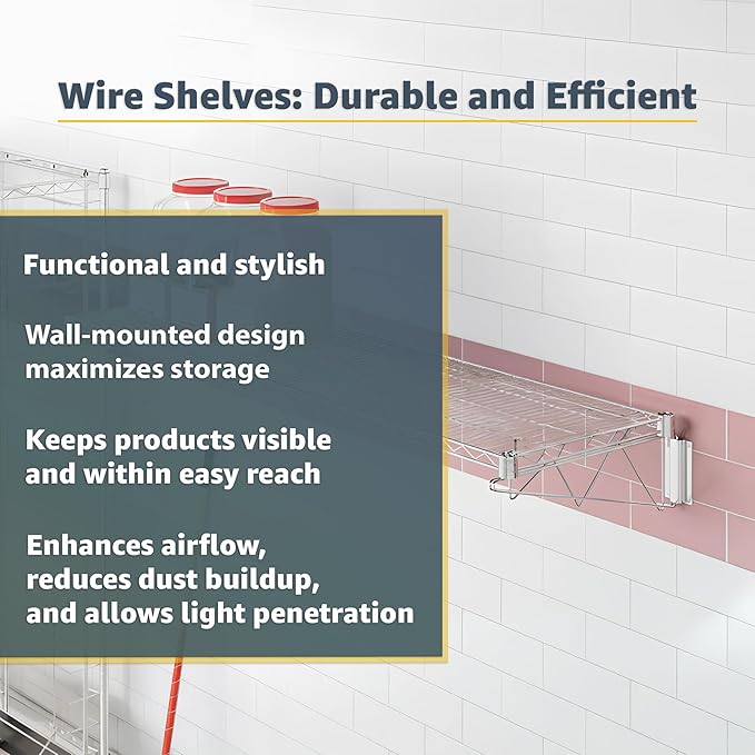 14 x 24 Wire Chrome Wall Mount Shelf Commercial Fixed Wall Mount Rack NSF Metal Floating Shelving for Kitchen Stock Rooms Home and Hotel