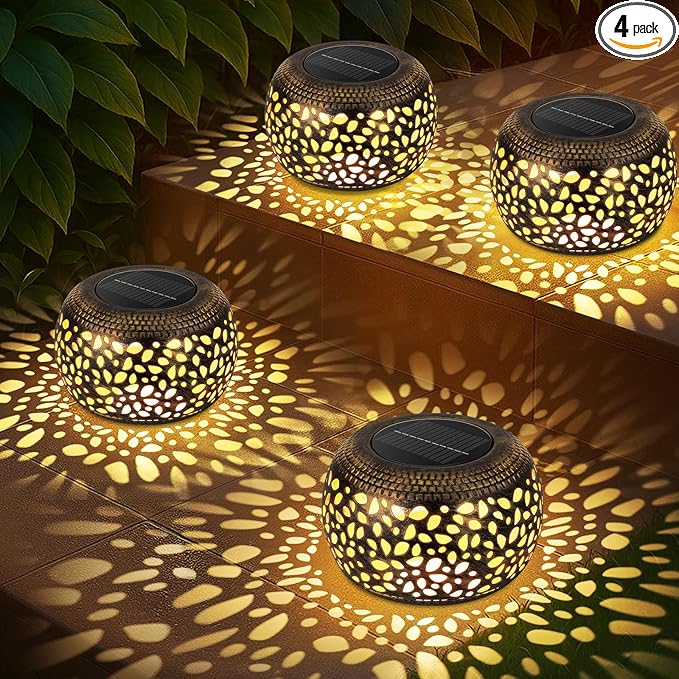 Solar Lantern Outdoor Patio Decor: 4 Pack Solar Lanterns Outdoor Waterproof Hollow Out Retro Metal Solar Lights Yard Porch Garden Balcony Indoor Desk Bedroom Tabletop Decorations 2 Lighting Colors