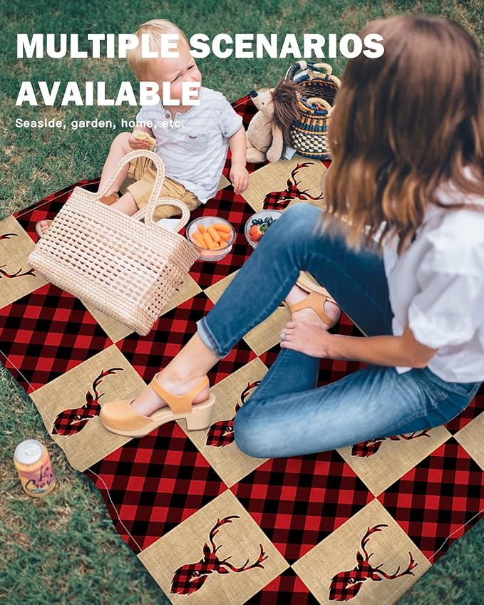 Beach Blanket Waterproof Sandproof Christmas Elk Antlers Red Lattice Quick Drying Beach Mat with 4 Stakes Black Buffalo Plaid Retro Linen Lightweight Picnic Blanket for Travel Camping 83x79