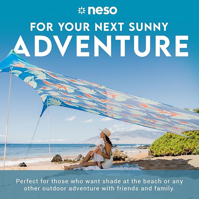 Neso Gigante Portable Beach Tent Sun Shelter - Lightweight Beach Shade Canopy - Easy Setup for Family Outings - Patented Reinforced Corners - UPF 50+ - 8ft Tall 11 x 11ft - Tropical Floral