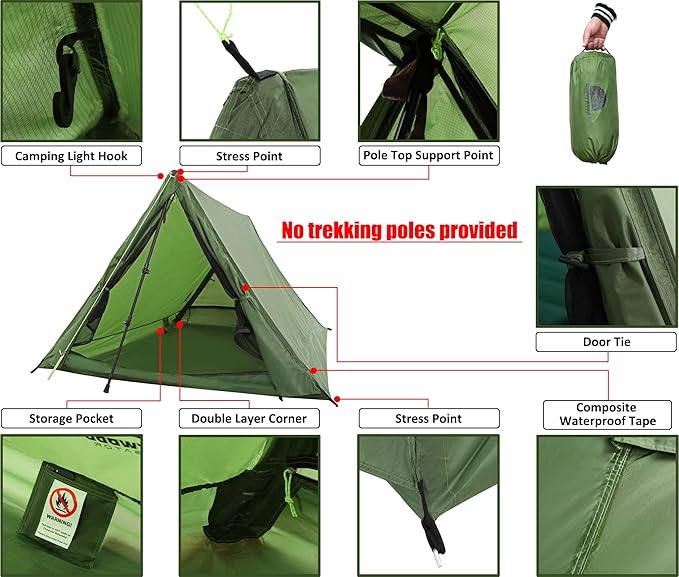 2-Person Trekking Pole Tent for Backpacking - Ultralight A-Frame Backpacking Tent Two Person Waterproof Hiking Tent for Camping Lightweight Camping Tent for Scouts Trekker (No Poles)