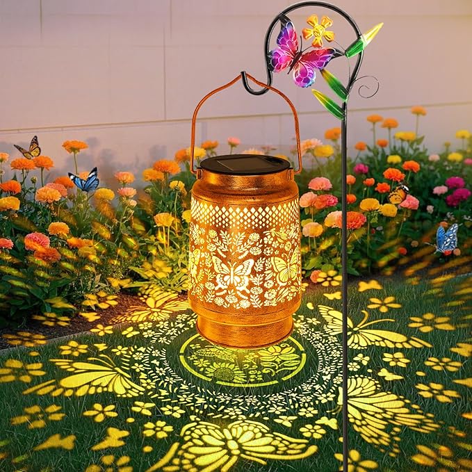 Solar Lanterns Outdoor Butterfly Garden Decor Gifts for Women Mom Grandma Birthday Waterproof Metal Hanging Solar Lights LED Decoration with Shepherd Hook Outside for Yard Patio Lawn Porch