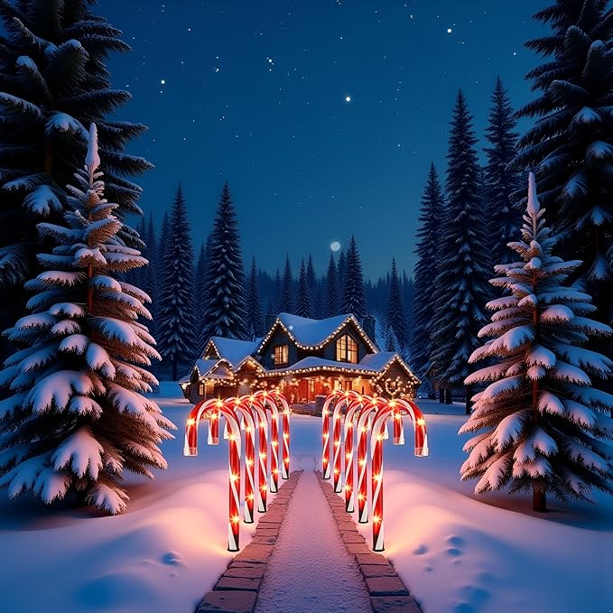 Candy Cane Christmas Lights Outdoor 10 inch Lighted Candy Cane Yard Lights with Set of 10 Candy Canes Outdoor Walkway Christmas Lights Pathway Lawn Yard Decorations