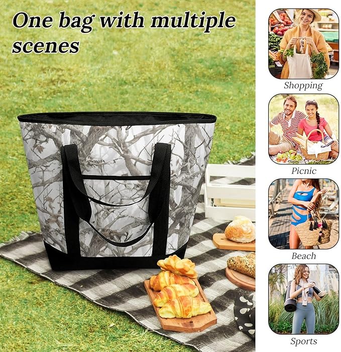Insulated Shopping BagLarge Reusable Cooler Bags White Tree Camo Printed Foldable Shopping BagTravel Waterproof Shoulder Bag