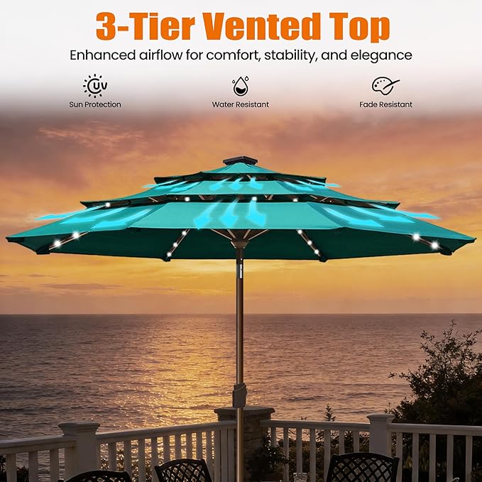 EliteShade USA 10-Year-Non-Fading 10Ft 3 Layers Market Umbrella with 80 LED Lights Patio Umbrella Outdoor Table Umbrella with Ventilation(Teal)