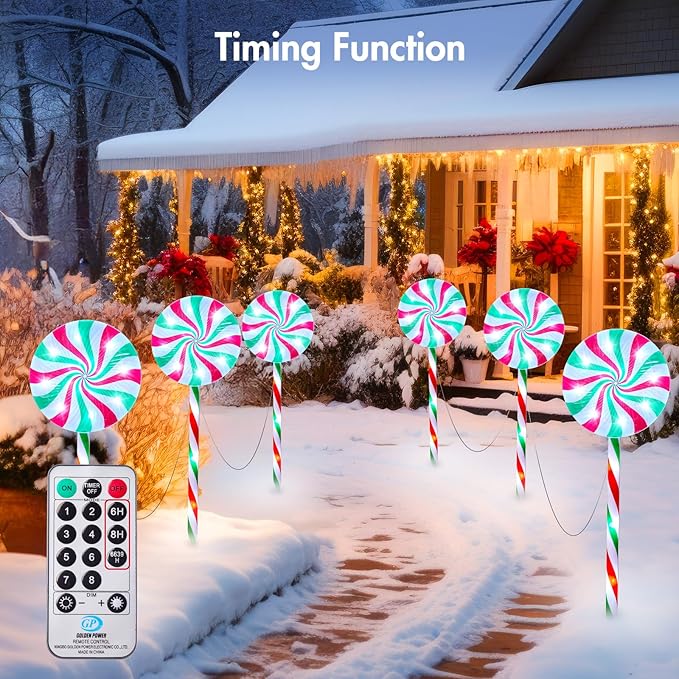 Brightown 6 Pack Lollipop Christmas Pathway Lights Outdoor - 27IN 120 LED Candy Cane Lights with 8 Lighting Modes Waterproof Christmas Light Outdoor Decoration for Lawn Yard Walkway White