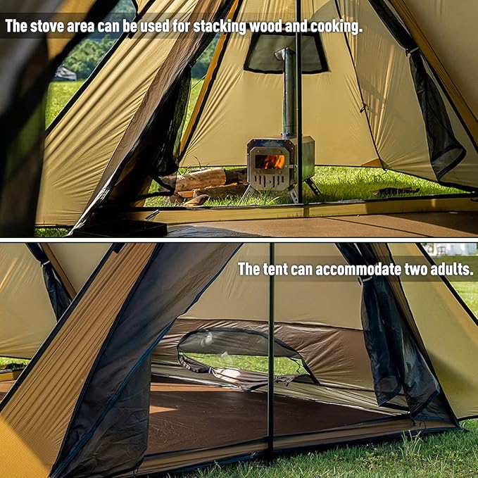 POMOLY Hot Tent Bushcraft Tent STOVEHUT 20 2.0 Ultralight Shelter with 4 Poles for 1-2 Person Camping Backpacking (Brown)