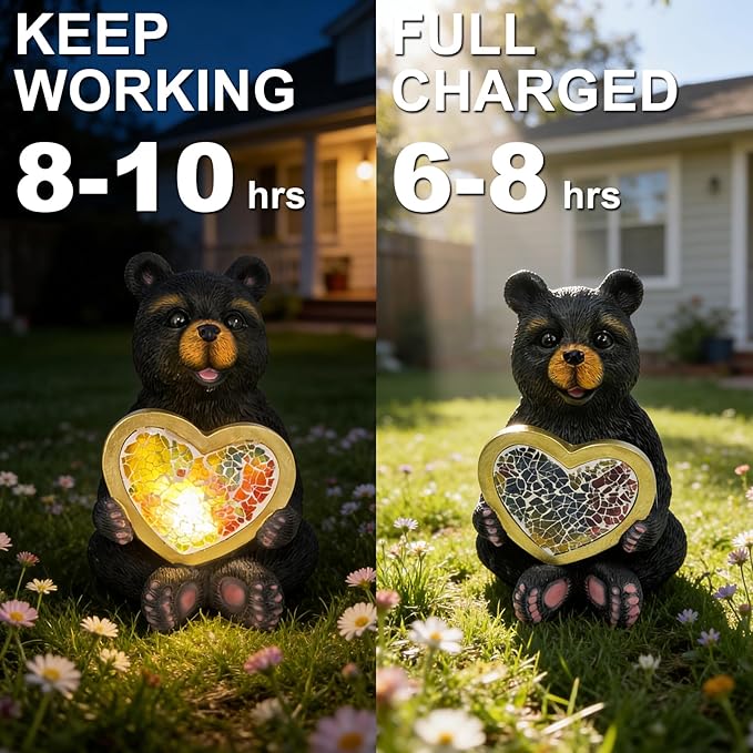Solar Bear Garden Statues Decor for Outdoor Black Bear Figurine Lights for Lawn Patio Yard Decoration - Unique Christmas Housewarming Gift for Grandma Wowen Mom