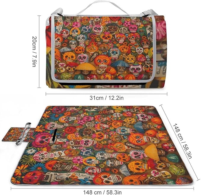 Mexican Folk Art Beach BlanketPortable Waterproof Picnic Blanket58.3''x 58.3'' Extra Large Picnic Mat for BeachCamping Grass Lawn Park Accessorie for Festival BBQ
