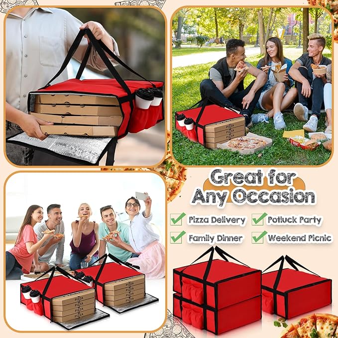 LemonRoad 3 Pcs Pizza Delivery Bag with 4 Cup Holder Insulated Food Grocery Bag 20 x 20 x 8 Pizza Warmer Bags for Carry Hot Catering Delivery Driver Essentials(Red)
