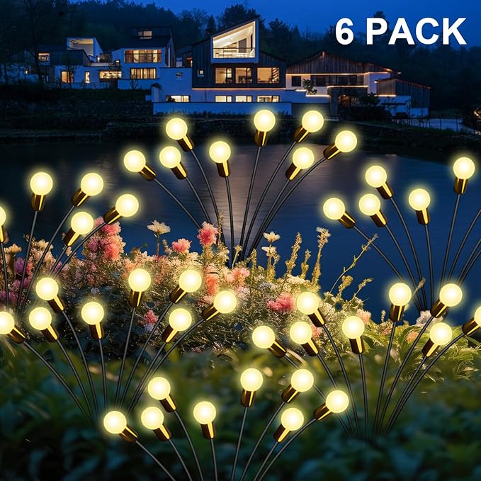 New Upgraded Solar Firefly Lights Outdoor Waterproof 6 Pack 48 LED 19 Modes USB Rechargeable Solar Garden Lights with Remote Timer Dimmable for Yard Patio Landscape Outside Decorations Light Warm