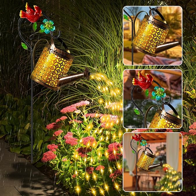 Mothers Day Gifts Solar Lights Outdoor Watering Can with Cascading Lights Watering Can with Hook Solar Lantern Gardening Decor for Yard Patio Gardening Gifts for Mom Grandma Women (2 Pack)