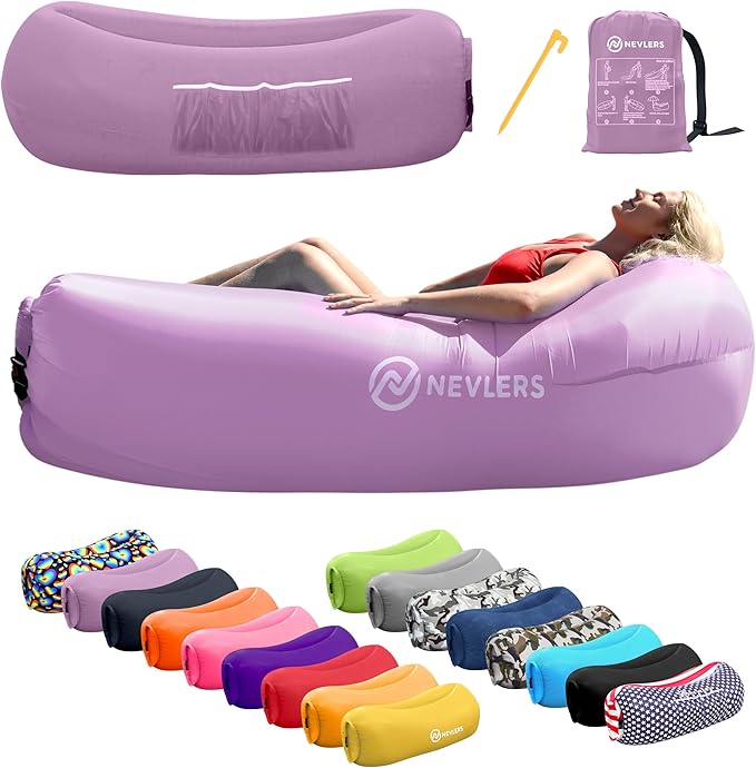 Nevlers Lavender Inflatable Lounger | 210T Polyester Air Sofa | No-Pump Blow Up Couch | Inflatable Lounge Chair w/ 450lbs. Cap. Pockets &amp Matching Bag | Use as Inflatable Couch for Camping &amp