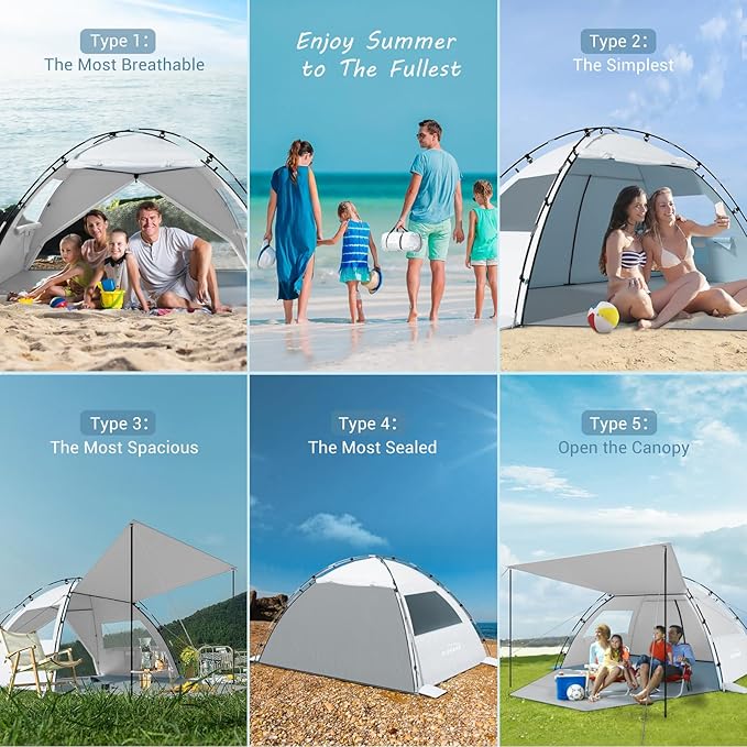 Elegear CumbreX™ Beach Tent Sun Shelter with Canopy 4-5 Person Pop Up Beach Tent Easy Setup UPF 50+ UV Protection Portable Lightweight Double Silver Coating Cabana Sun Shade Shelter - Silver