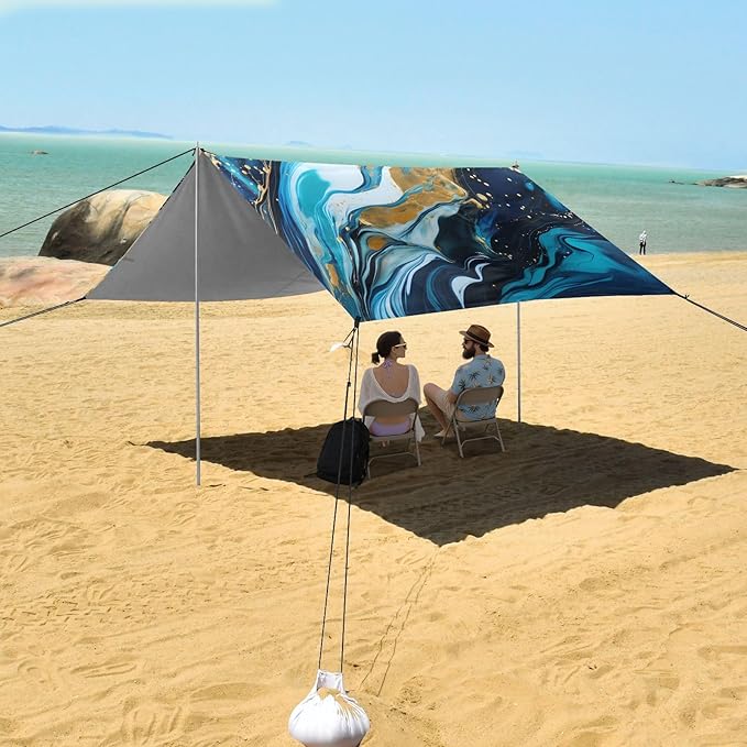 ALAZA Blue &amp Gold Marble Beach Tent Sun Shelter UPF50+ Protection Beach Shade Canopy w/ 4 Sandbags for Outdoor Camping Fishing Backyard Fun Picnic 10x9 ft