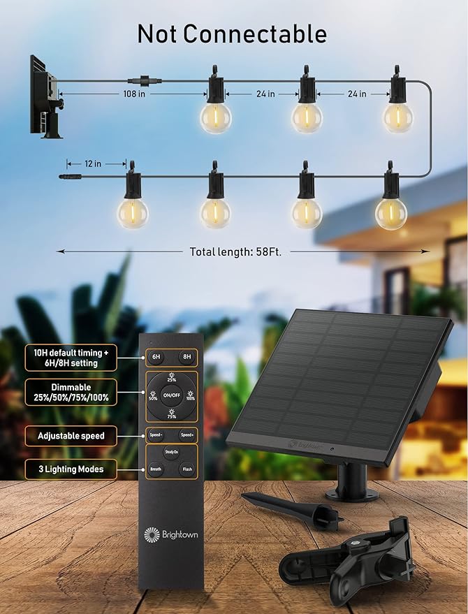Brightown 58FT Solar String Lights Outdoor with Remote Cable Ties Hooks 26 LED Shatterproof Bulbs 3 Light Modes Dimmer &amp Timer Commercial Grade Patio Lights for Yard Balcony Pergola Party Deco