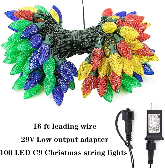 AWQ 100LED 81 FT C9 Christmas String Lights Plug in Fairy Twinkle String Lights 8 Modes Timer Function Waterproof Extendable for Indoor Outdoor Wedding Party Christmas Decoration (100 Multicolor)