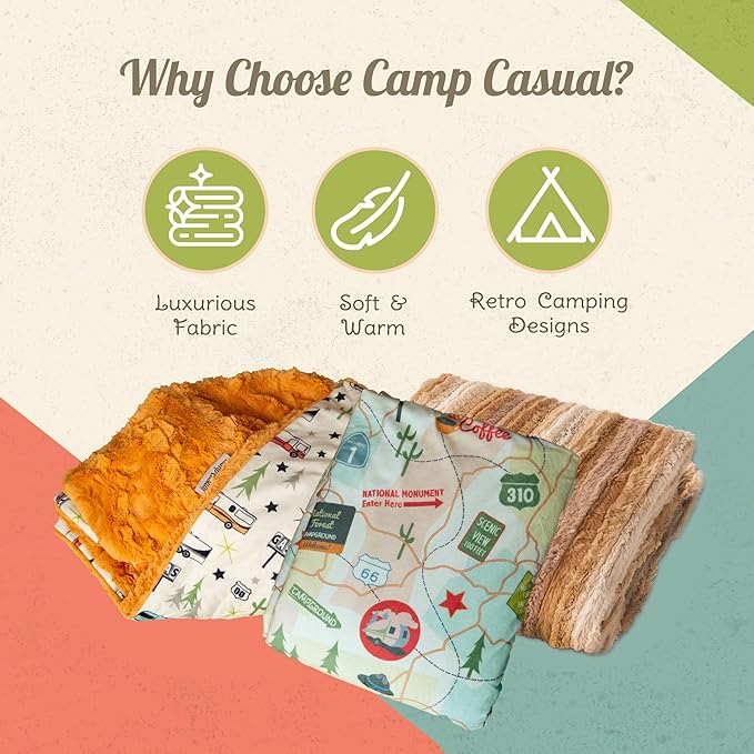 Throw Blanket for Camping - Plush Reversible Camping Blanket for Indoor &amp Outdoor Settings - Machine Washable Soft Blanket - 100% Polyester Cozy Blanket with Retro-Inspired Patterns Camp Casual
