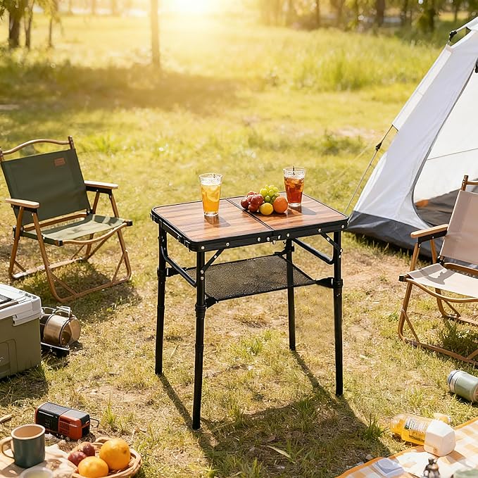 Small Folding Camping Table 2ft Portable Picnic Table Aluminum 24 x 16 Folding Table 3 Adjustable Heights Portable Lightweight Table Dining Table for RV Picnic Beach (Wood Grain)