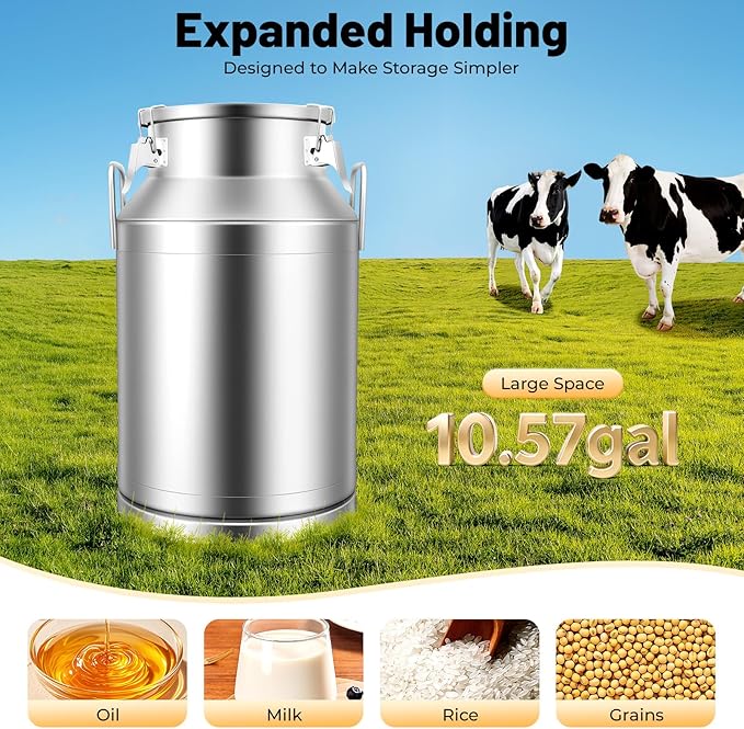 Stainless Steel Milk Can 40L/10.57Gal Metal Airtight Canister Food Storage Container with Lid &amp Clamps Bean Rice Cereal Storage Bucket for Kitchen Restaurant W13.4*H22in