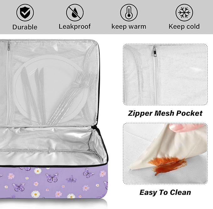 Casserole Carrier Cute Pattern Purple ButterfliesInsulated Casserole Carrier for Hot or Cold Food Thermal Lunch Tote for Potluck Parties Picnic Beach Fits 9 x 13 Inches Baking Dish