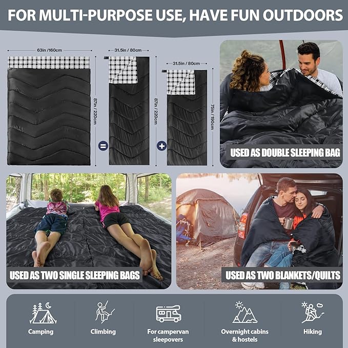 XL Queen Size 2 Person Double Sleeping Bag for Adults Lightweight Compact with Flannel Liner &amp Thermolock Draft Tube Machine Washable All Season Camping Travel